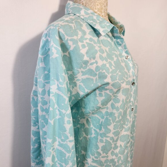 Charter Club Size XL Blue Floral Print Linen Button Down Roll Tab Sleeve Shirt - Picture 7 of 15